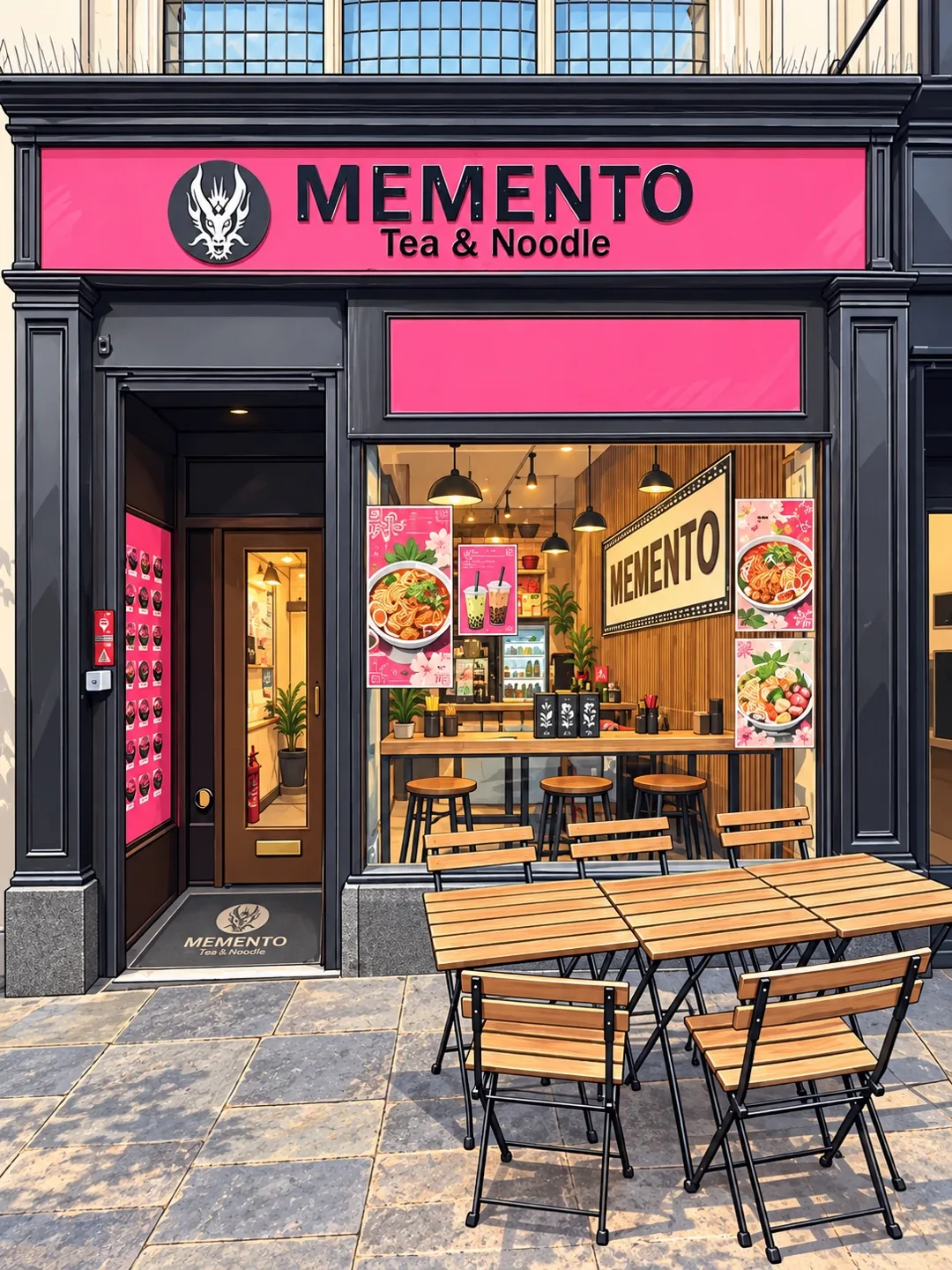 Cartoon illustration of Memento’s pink storefront