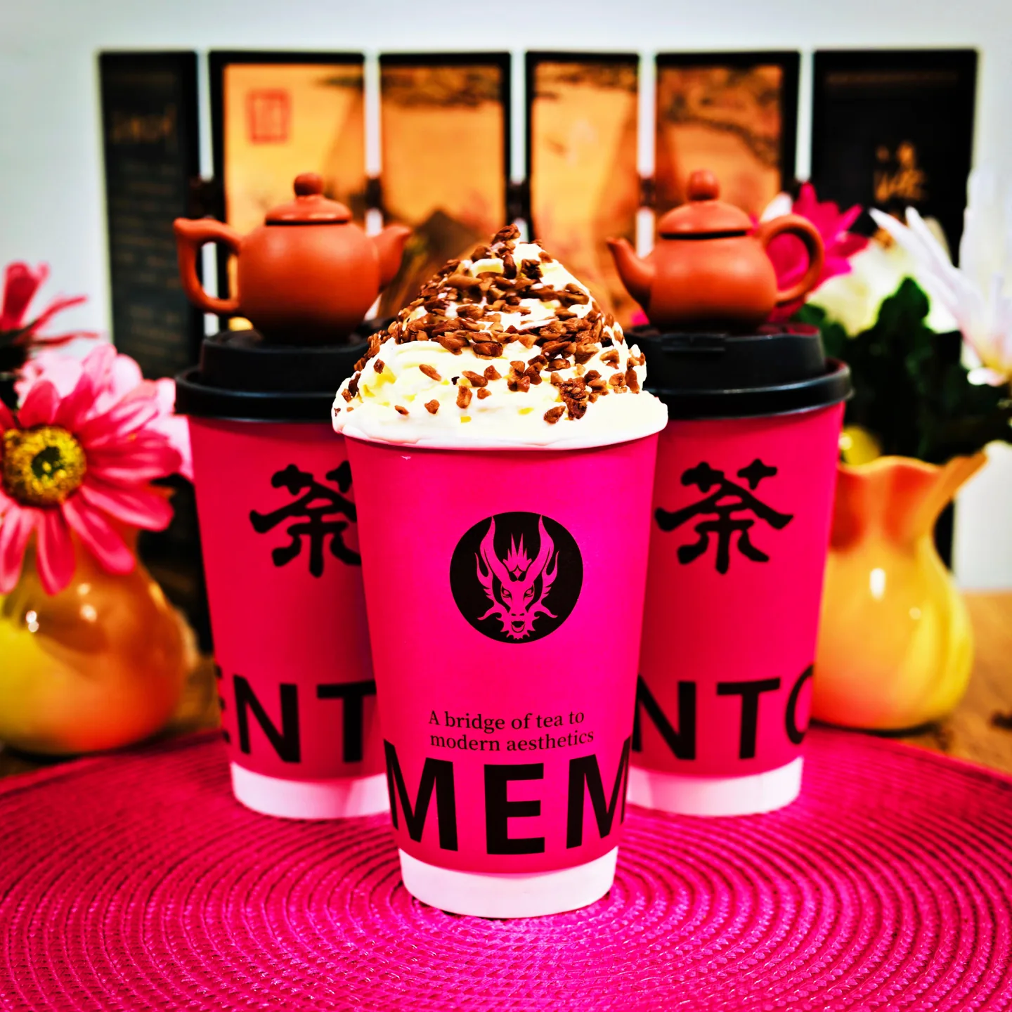 Memento milk teas in pink cups